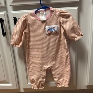 Striped Peach Baby Footie with Tricycle Patch